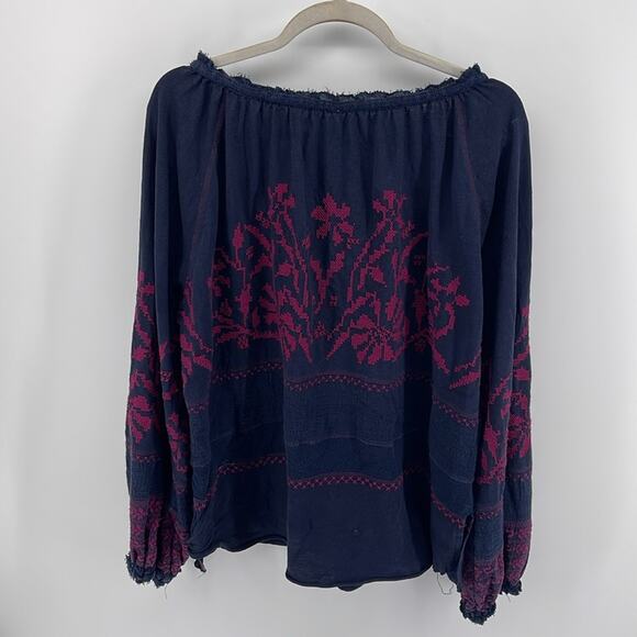 Free People Persuasian cross-stitch V neck blouson sleeve boho peasant blouse - Picture 7 of 7